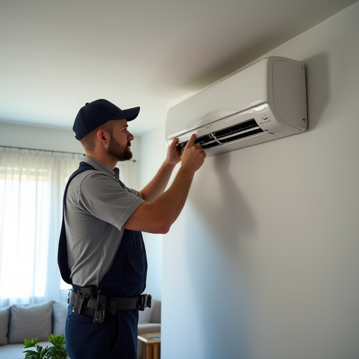 Bir teknik personelin, oturma odasında bulunan bir klima ünitesinin bakımını yapması.