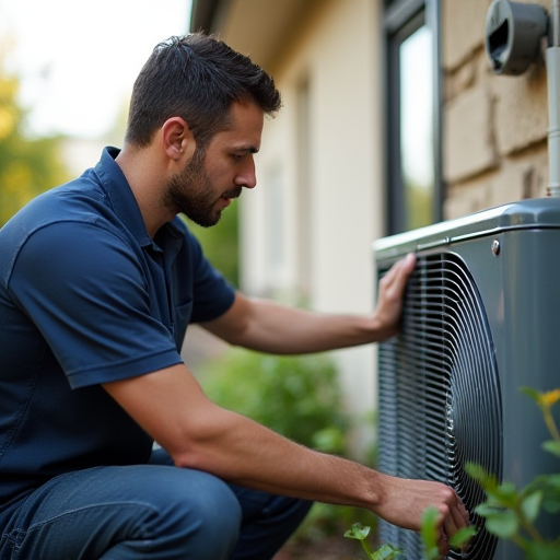 Bir teknisyen, bir klima ünitesini kontrol ediyor.