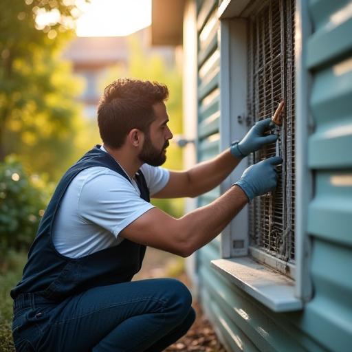 Bir teknisyen, evdeki arızalı bir klima ünitesini kontrol ediyor.
