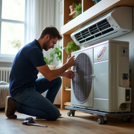 Bir teknisyen, ev ortamında bir klima cihazını tamir ediyor.