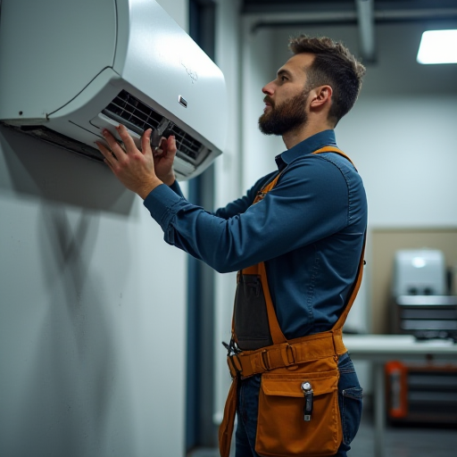 Bir teknisyen, bir klima cihazını kontrol ediyor.
