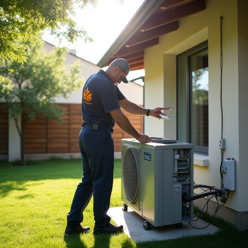 HVAC teknisyeni, dış ortamdaki bir klima ünitesini, gölgeli bir alanın altına yerleştiriyor.