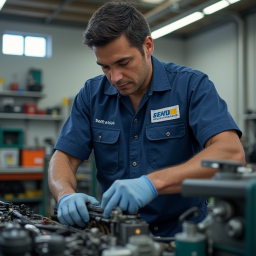 Yetkili bir servis merkezinde çalışan bir teknisyen, ekipman üzerinde çalışıyor.