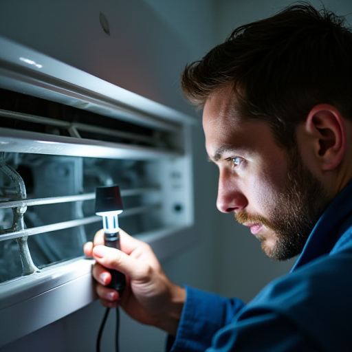 Bir teknisyen, el feneriyle bir klima cihazını kontrol ediyor.