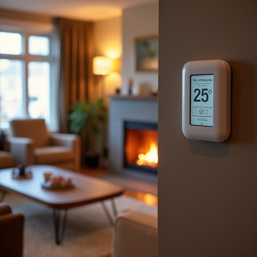 Şömineli ve akıllı termostatlı, sıcak bir oturma odası.