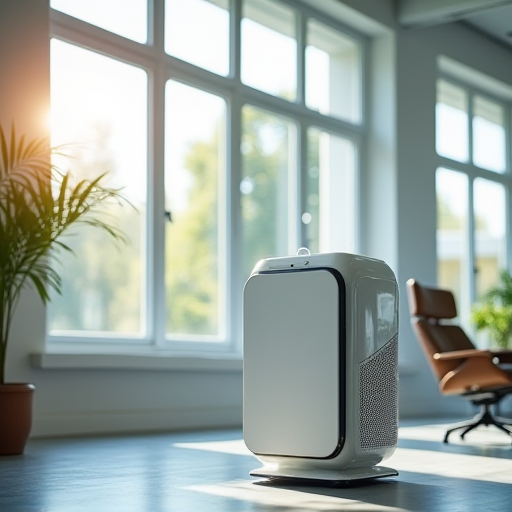 Açık pencerelere ve hava temizleyiciye sahip modern ofis.