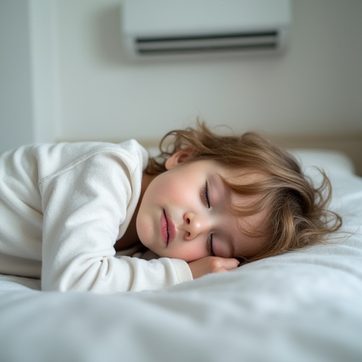 Temiz, iyi aydınlatılmış ve modern bir klima bulunan bir odada huzurla uyuyan bir çocuk.