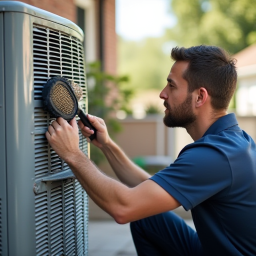 Bir teknisyen, yumuşak bir fırça kullanarak bir klima cihazının dış yüzeyini temizliyor.