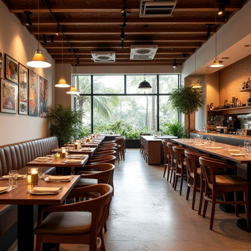 Modern bir restoran, iyi tasarlanmış bir klima sistemine sahip.