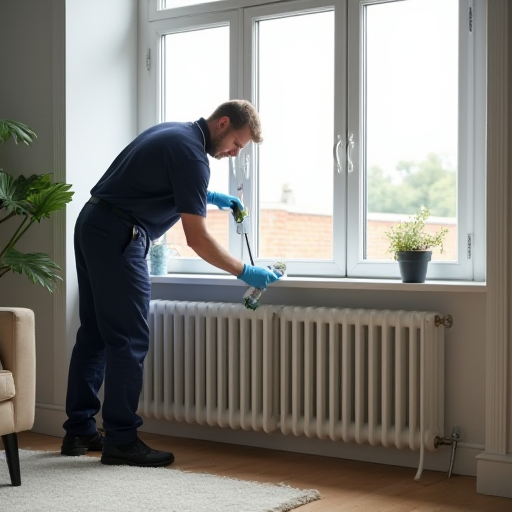 Modern bir oturma odasında bir teknisyenin radyatörü temizlediği bir görüntü.