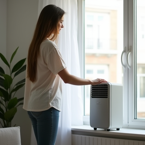 Pencerenin yanında taşınabilir bir klima tutan bir kişi.