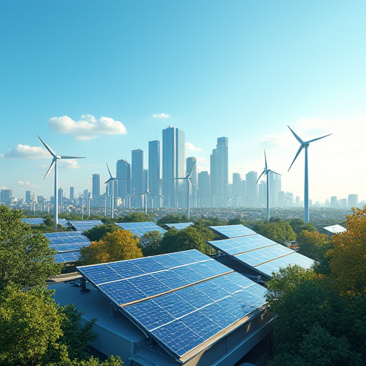 Modern şehir silueti, güneş panelleri ve rüzgar türbinleriyle.