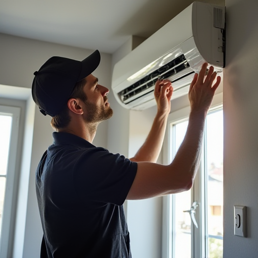 Teknisyen, mini split klima sistemi kurulumu yapıyor.