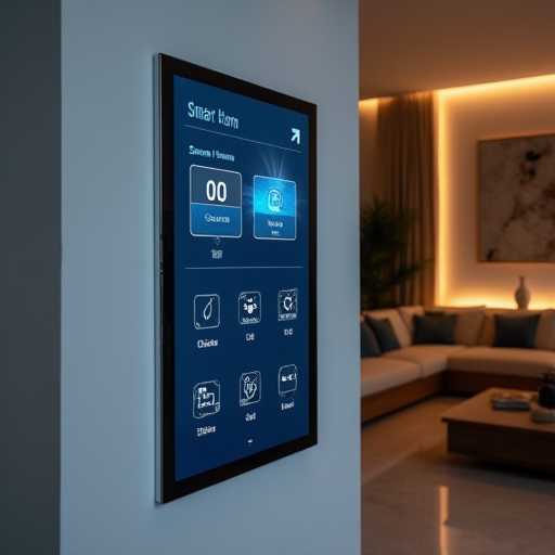 Modern bir oturma odasında bulunan, akıllı ev iklim kontrol paneli.