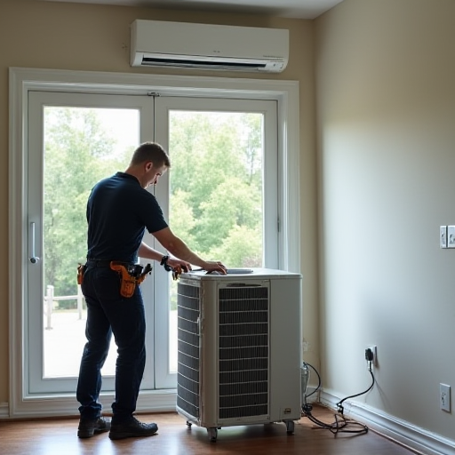 Profesyonel bir HVAC teknisyeni, bir klima cihazı takıyor.