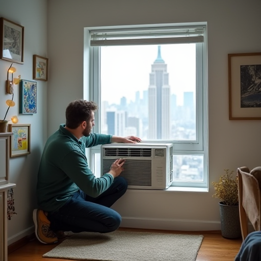 Bir teknisyen, pencere tipi klima ünitesini takıyor.