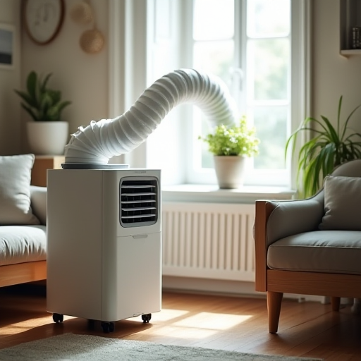 Küçük bir oturma odasında taşınabilir klima.