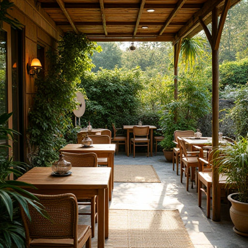 İstanbul'da bulunan, bambu hasırlarla ve vantilatörlerle serinletilmiş bir veranda.