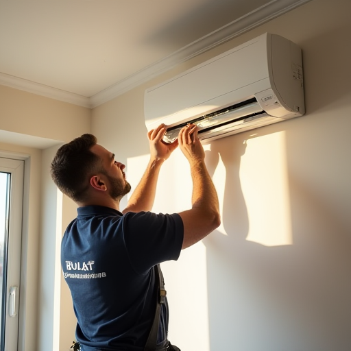 Bulat İklimlendirme'den bir teknisyen, bir split klima ünitesini monte ediyor.