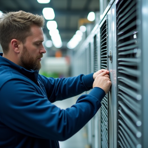 Üretim alanında bulunan bir teknik personel, iklim kontrol ekipmanlarını kontrol ediyor.