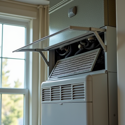 Açık havalandırma delikleri ve hava filtresine sahip temiz bir HVAC sistemi.