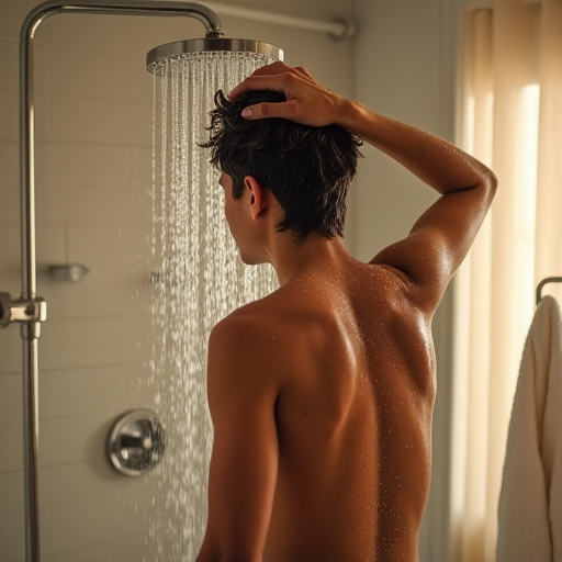 Serinlemek için duş alıyor.