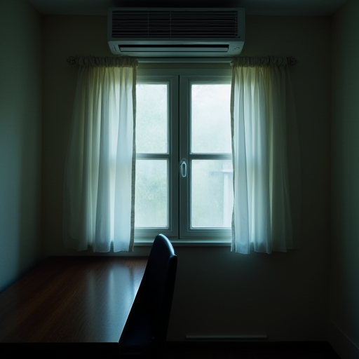 Kapalı bir pencereye ve çalışan bir klima ünitesine sahip bir oda.