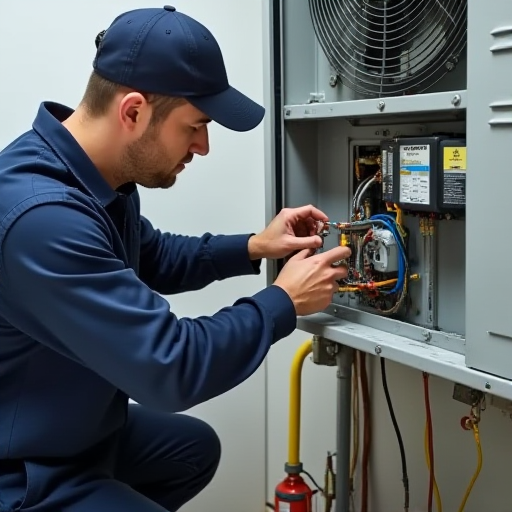 Bir profesyonel, bir klima ünitesindeki elektrik bağlantılarını kontrol ediyor.