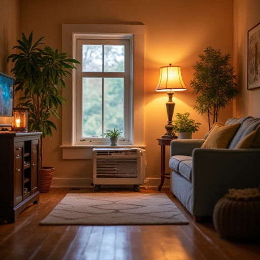 İç mekan görüntüsü, çalışan bir ısı pompası klima ünitesine sahip bir oturma odası.