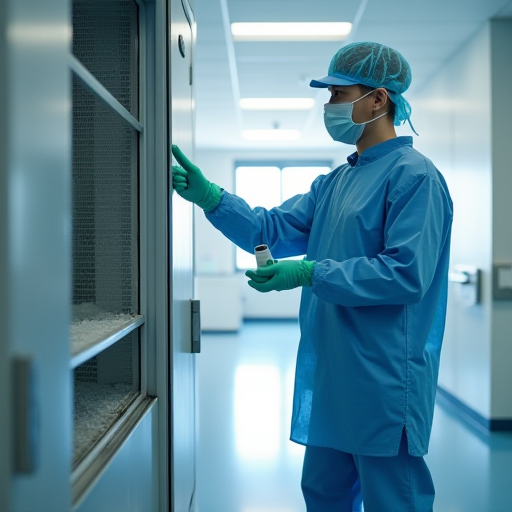 Hastanede çalışan bir personel, bir hava filtrasyon sistemini temizliyor.