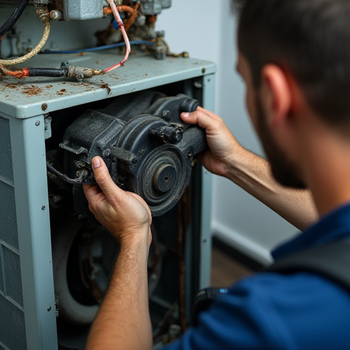 Bir teknisyen, eski bir kompresörü söküyor.