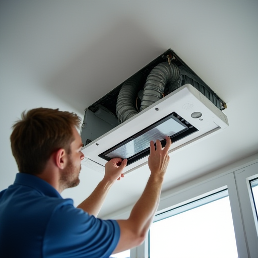 Bir teknisyen, kanalları bir kasa tipi klima cihazına bağlamaktadır.