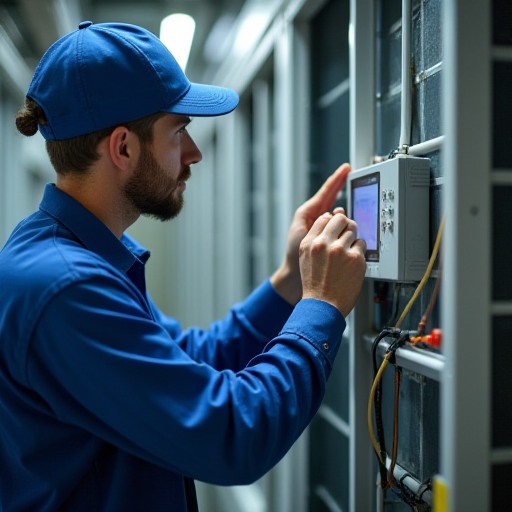 Bir VRF sistemindeki sensörleri inceleyen ve kalibre eden teknisyen.