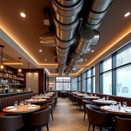 Büyük bir restoran yemek alanında bulunan, kanallı klima sistemi.