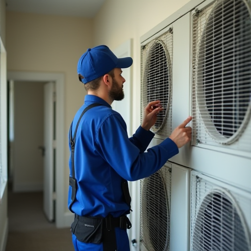 Bakım teknisyeni, merkezi klima ünitelerini kontrol ediyor.