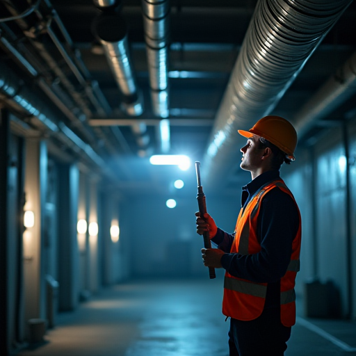 Fabrikte çalışan bir kişinin, bir havalandırma kanalı kontrol ettiği.