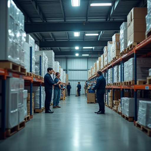 İyi bir şekilde iklimlendirilmiş bir depolama alanında çalışan ve rahat bir ortamda bulunan çalışanlar.