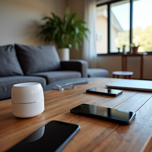 Çok sayıda elektronik cihazın bulunduğu oturma odası.