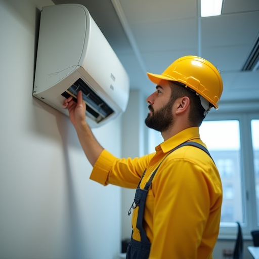 Bir ofiste, bir HVAC teknisyeni, bir klima ünitesinin termostatını kontrol ediyor.