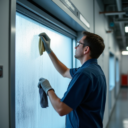Bir teknisyen, bir endüstriyel tesiste bir hava perdesinin bakımını yapıyor.