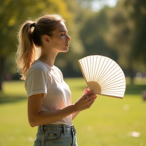 Güneşli bir parkta, açık renkli giysiler giyen bir kadının, elinde bir vantilatör tuttuğu fotoğraf.