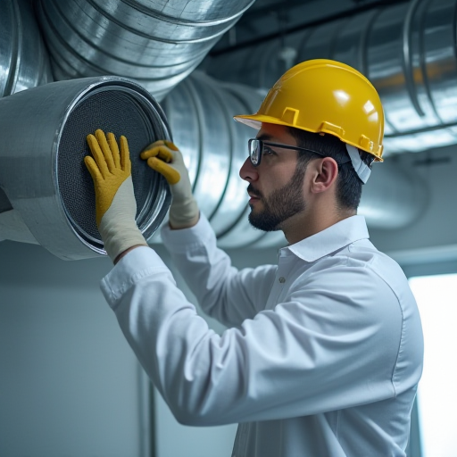 Teknisyen, bir havalandırma kanalını temizliyor.