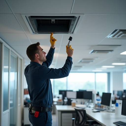 Bir teknisyen, bir ofisteki bir havalandırma kanalını kontrol ediyor.