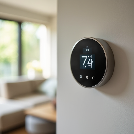 Modern bir oturma odasında duvara monte edilmiş, programlanabilir bir termostat.