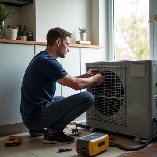 Bir teknisyen, bir evdeki klima ünitesini tamir ediyor.
