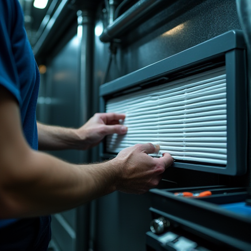 Teknisyenin, bir hava perdesinin filtresi üzerinde çalıştığı an.