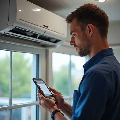 Bir teknisyen, bir klima cihazının soğutma verimliliğini kontrol ediyor.