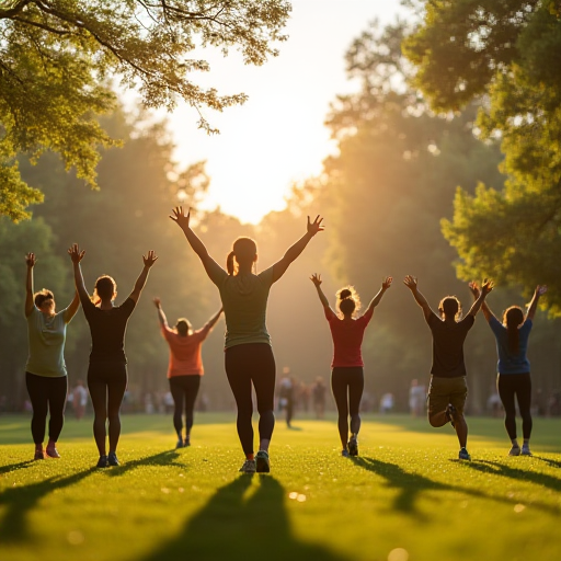 Grup halinde, parkta açık havada egzersiz yapan insanlar.