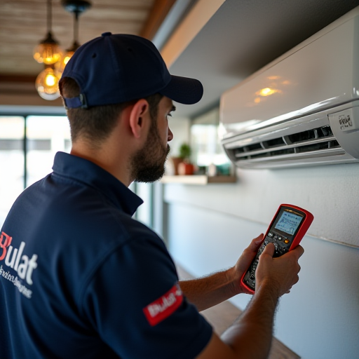 Bulat İklimlendirme'den bir teknisyen, bir klima ünitesini kontrol ediyor.