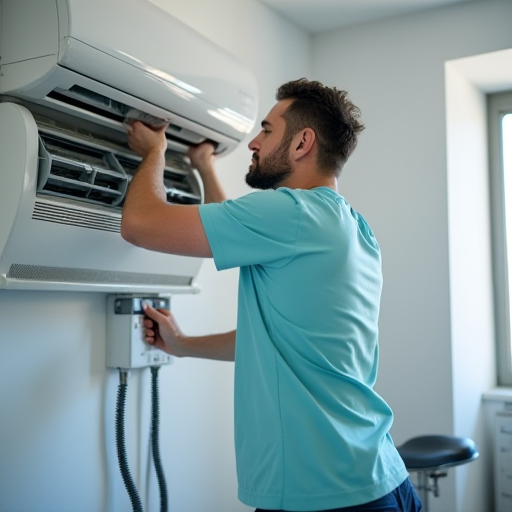Bir teknisyen, bir klinikte klima ünitesi montajı yapıyor.